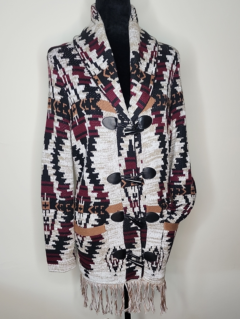 ALia Petite Southwestern Aztec Geometric Fringe Cardigan L/XL